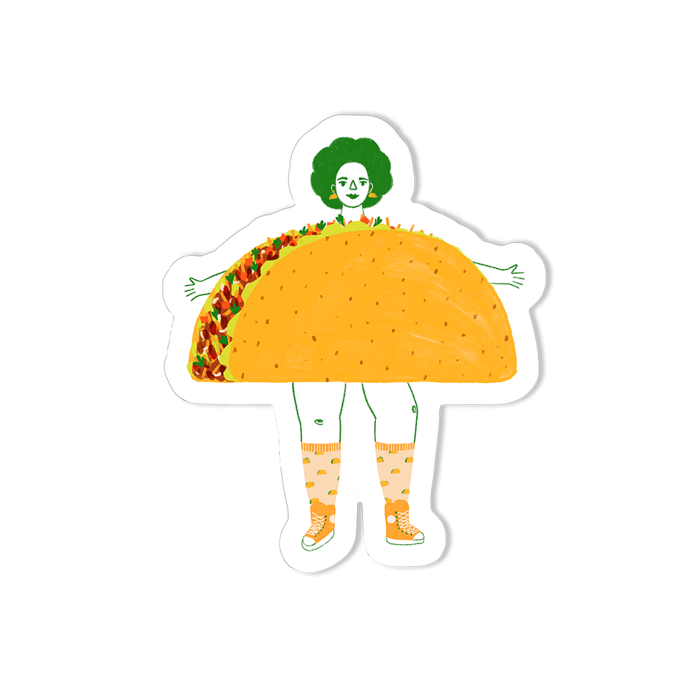 Taco with arms, legs, and a face.