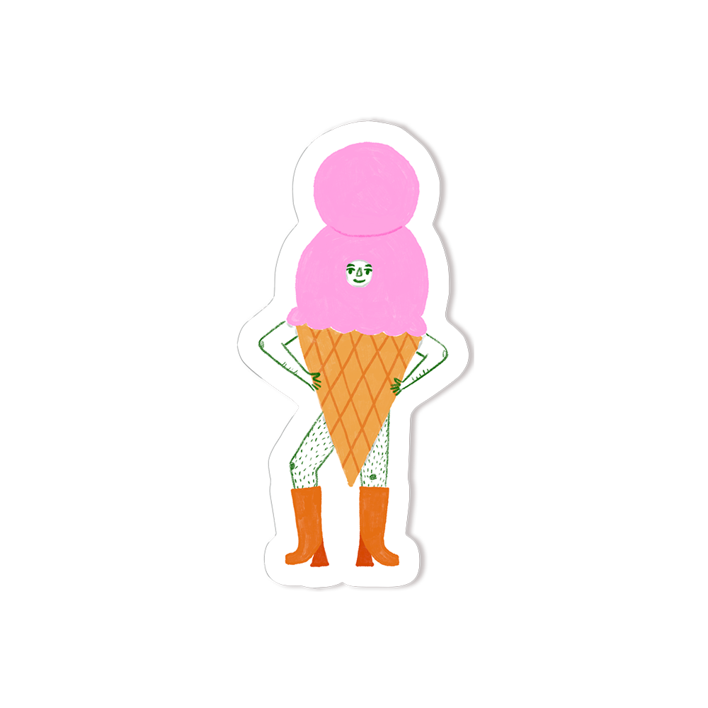 pink ice cream cone with arms legs and a face.
