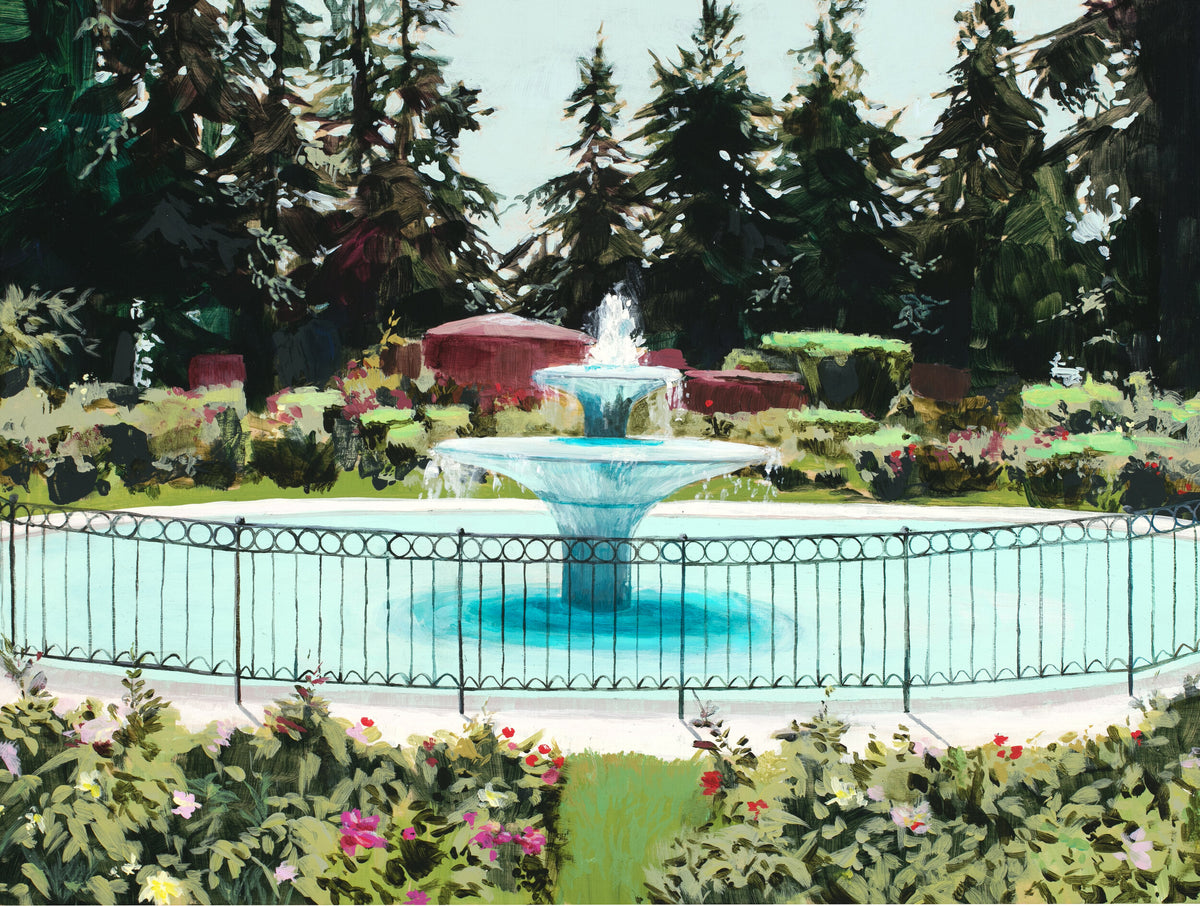 Garden scene with stately trees and flower beds and hedges surrounding a brilliant light blue fountain surrounded by a delicate black metal fence.