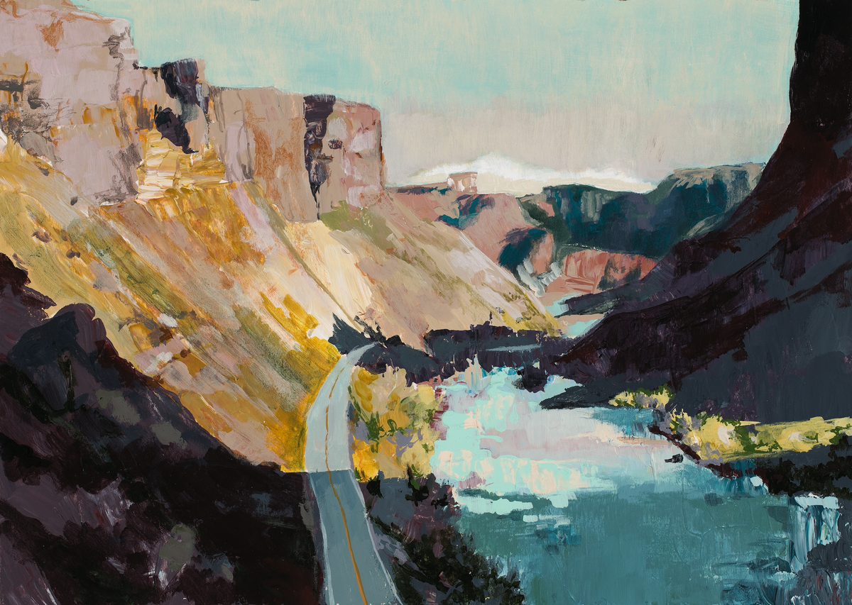 wide expanse of a canyon with a single road leading the way. Done in dusty purses, mustardy greens, and lights blues.