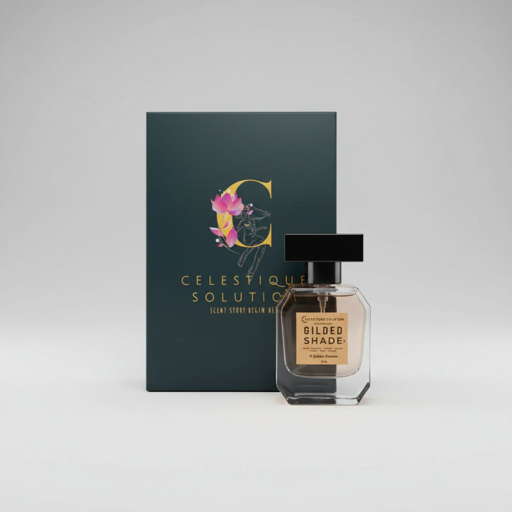 Perfume bottle with 'Gilded Shade' label and packaging on a wooden surface