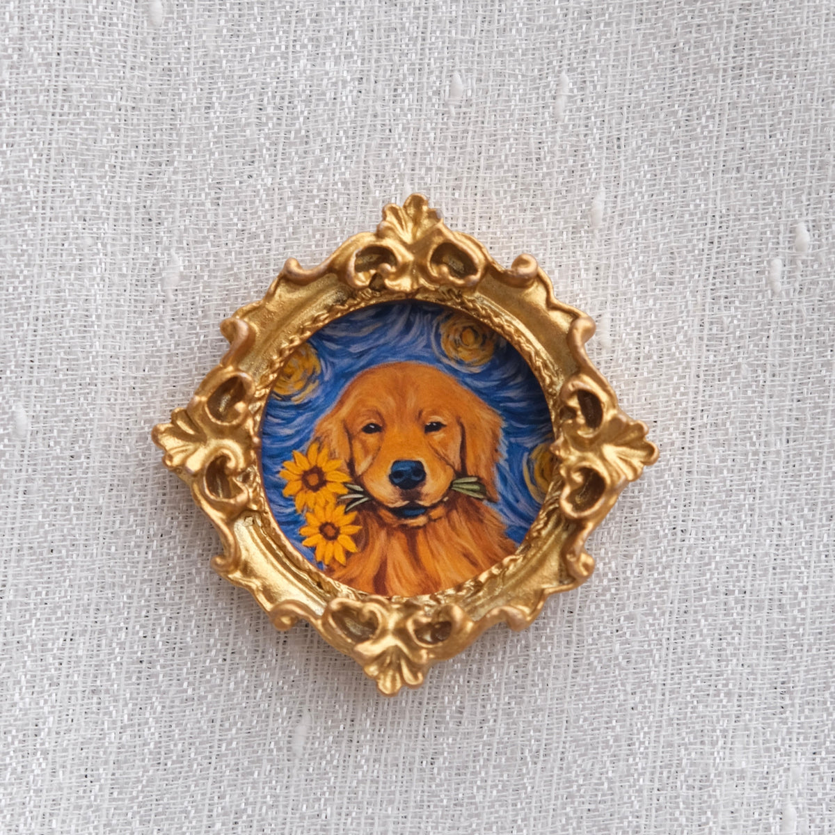 A mini framed art magnet of a golden retriever in a dreamy, starry night style.