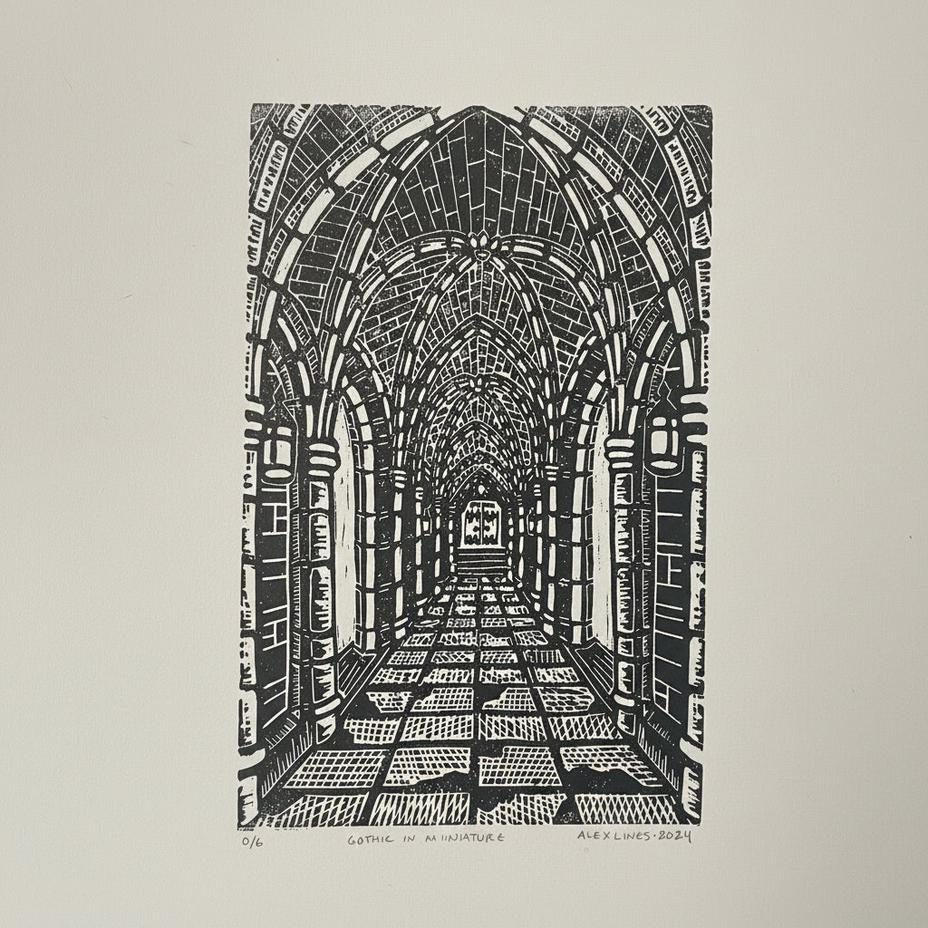Discover the intricate beauty of Gothic architecture captured in miniature. This 4x6 linocut print showcases the soaring brick arches and meticulously tiled floors of a gothic-inspired cathedral interior. Hand-carved with remarkable detail, the striking black and white composition brings architectural elegance to any space. Perfect for art lovers and architecture enthusiasts seeking a statement piece with timeless appeal.