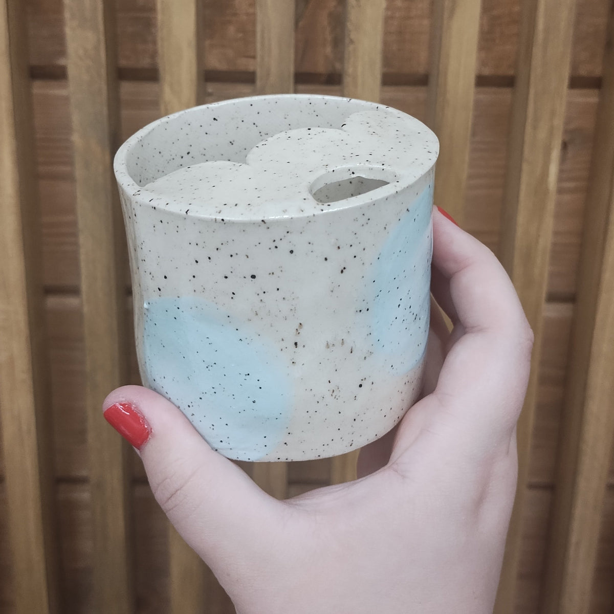 Small ceramic tumbler with big sky blue dots