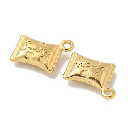 This gold-plated "Sweet" treat charm adds a delightful touch to any bracelet or necklace. Its charming design celebrates the simple joys, making it a perfect accessory to brighten your day or a thoughtful gift to share sweetness with someone special. Durable and elegant, it fits effortlessly into your favorite charm collection.
Details:
Ion Plating(IP) 304 Stainless Steel Pendants, Real 18K Gold Plated
Size: 20x16.5x4.5mm, hole:1.8mm