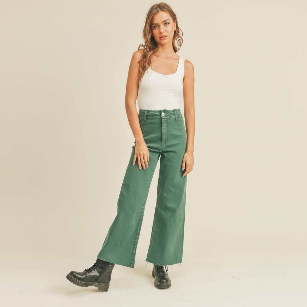 Embrace effortless style with these Straight Wide Leg Denim Pants in a beautiful rich sage green. Designed for comfort and confidence, the relaxed wide-leg silhouette flatters every frame while the timeless straight cut works with everything in your closet. Perfect for creating that laid-back, intentional look you've been craving. Whether you're dressing up or keeping it casual, these pants are your new go-to for feeling grounded and authentically yourself.