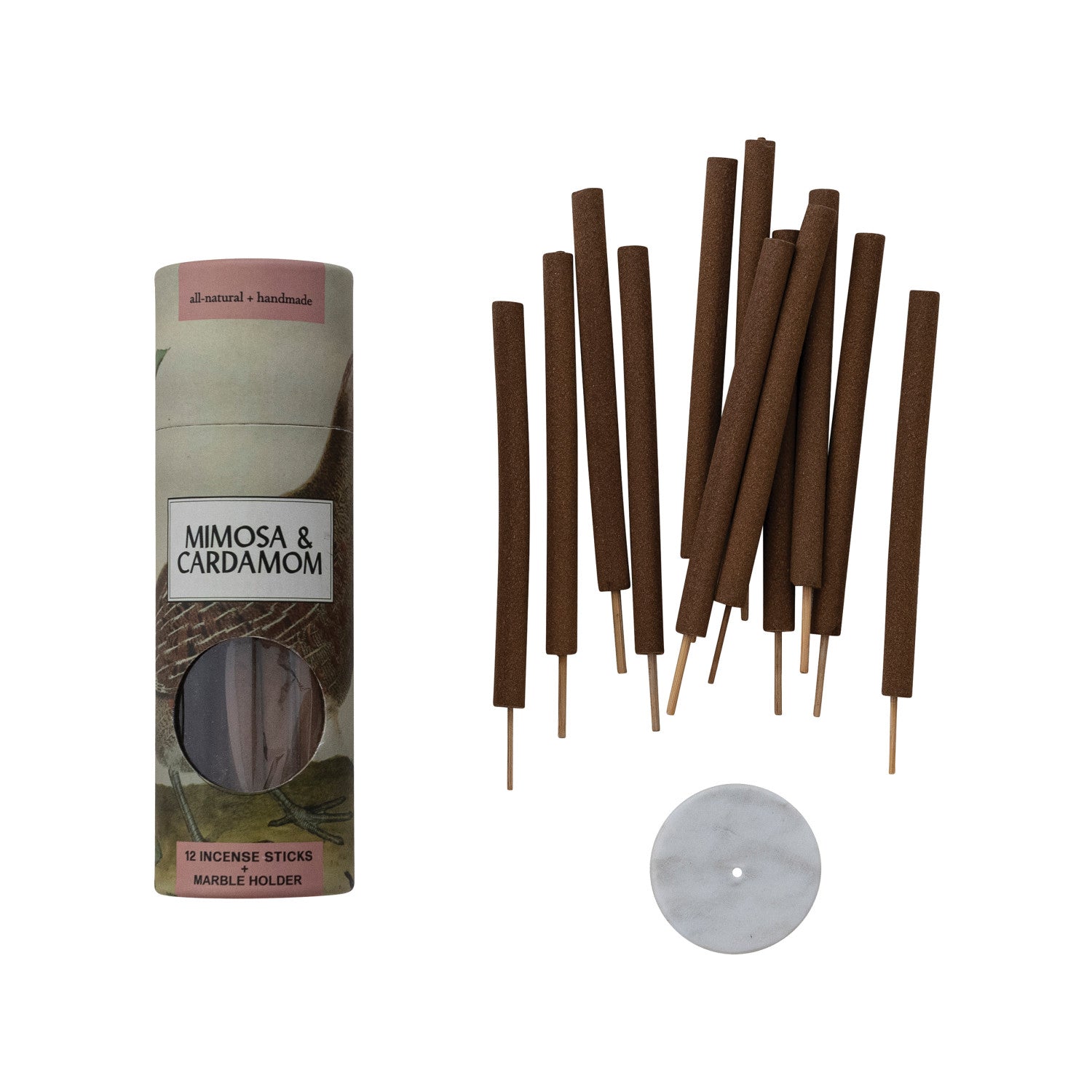 Incense sticks with packaging labeled 'Mimosa & Cardamom' on a white background