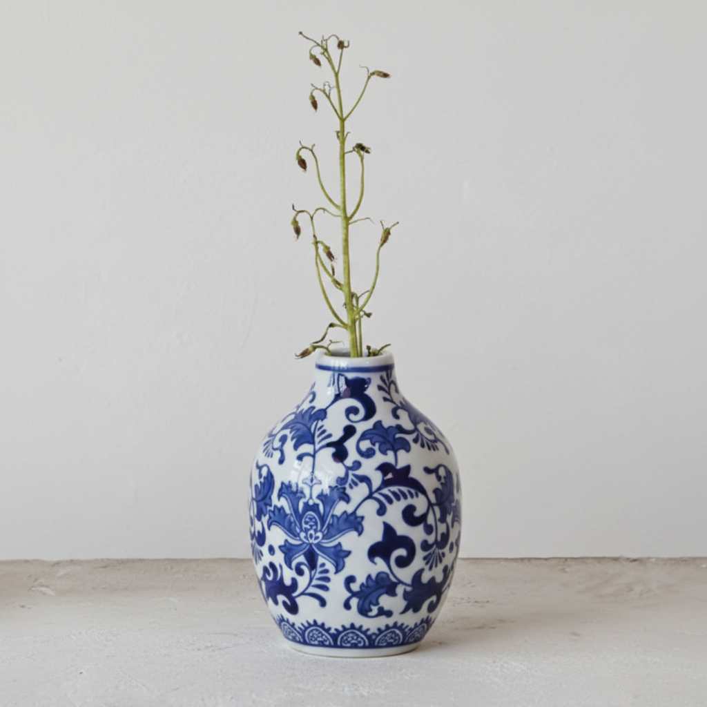 Blue Hand-Stamped Stoneware Vase - Tall