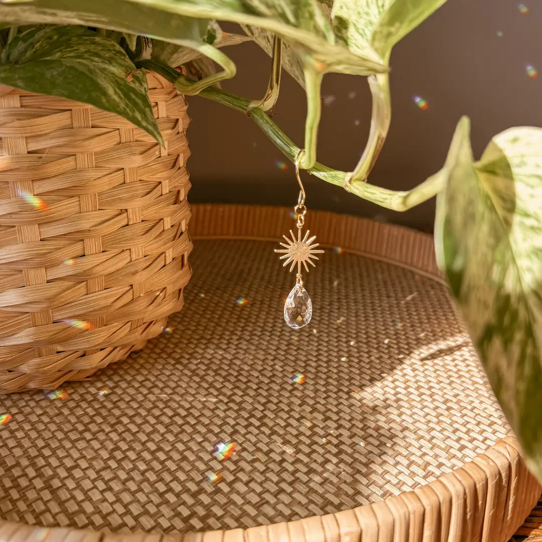 These delicate plant charms hang gracefully from vines, featuring a brass sun charm and suncatcher crystal. As direct sunlight hits the crystals, sparkles dance around to create a dreamy, light-filled atmosphere. Perfect for hanging on vines or trailing plants! Coordinates beautifully with natural, bohemian, minimal, hippie, retro, whimsical decor styles.