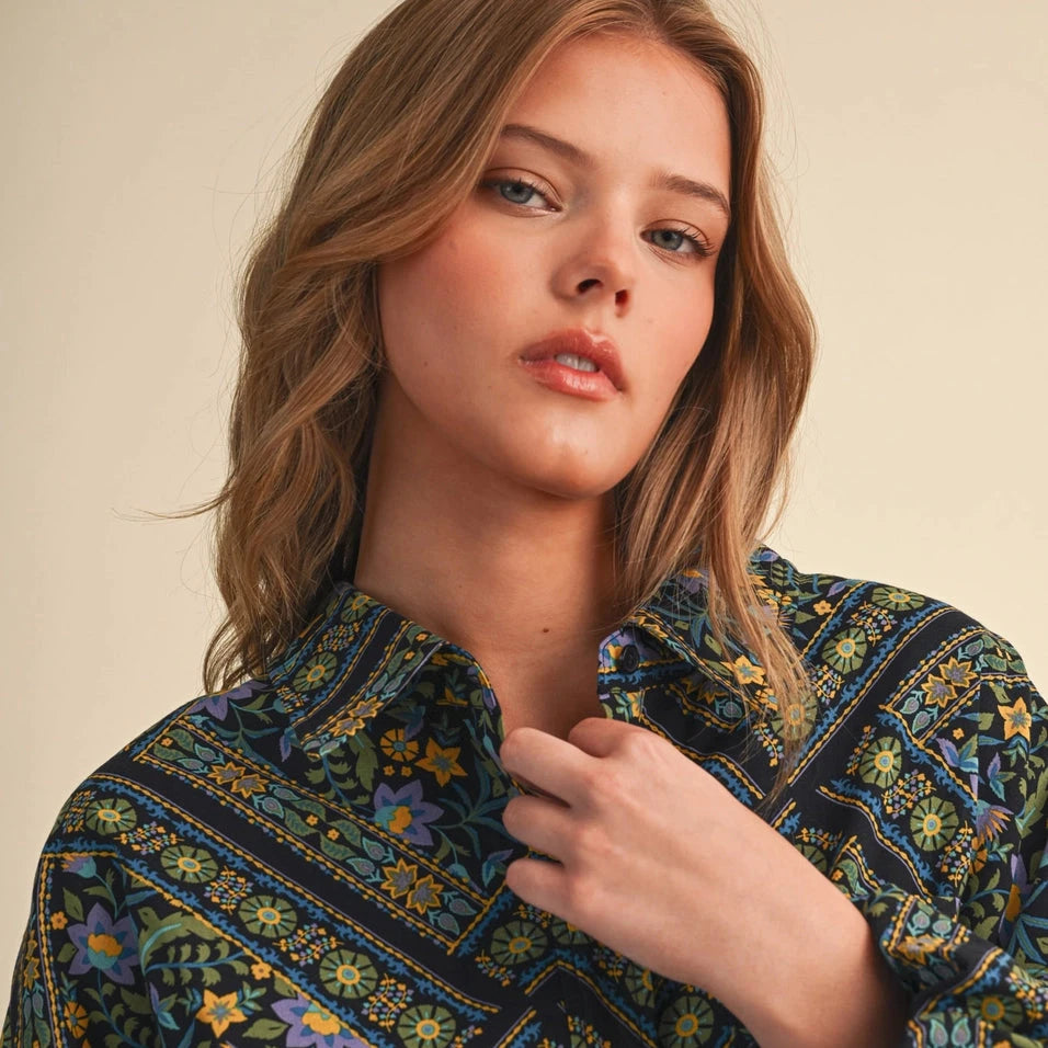 Dark Floral Bubble Sleeve Top