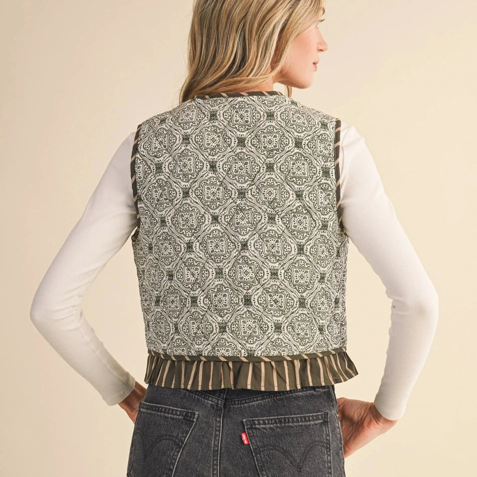Olive Green Quilted Ruffle Trim Vest