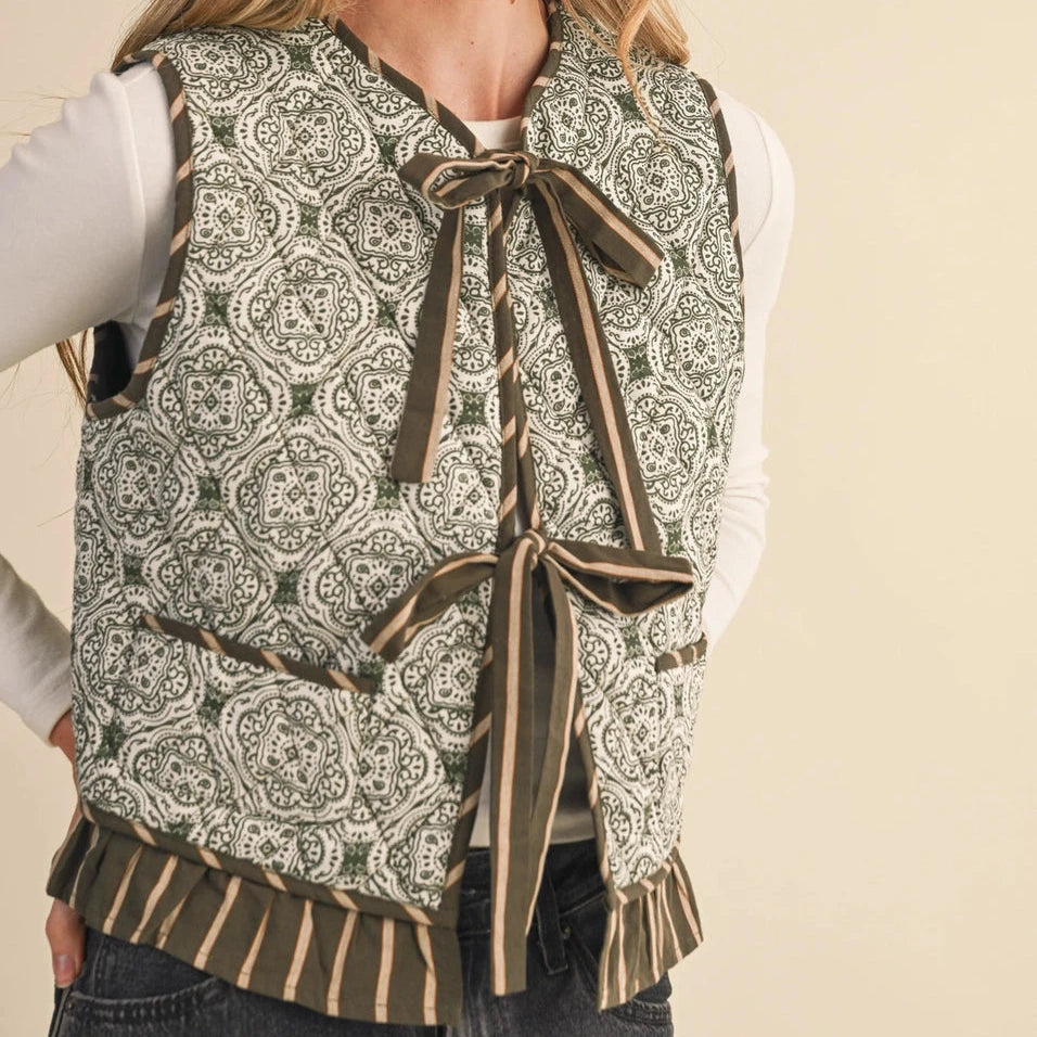 Olive Green Quilted Ruffle Trim Vest