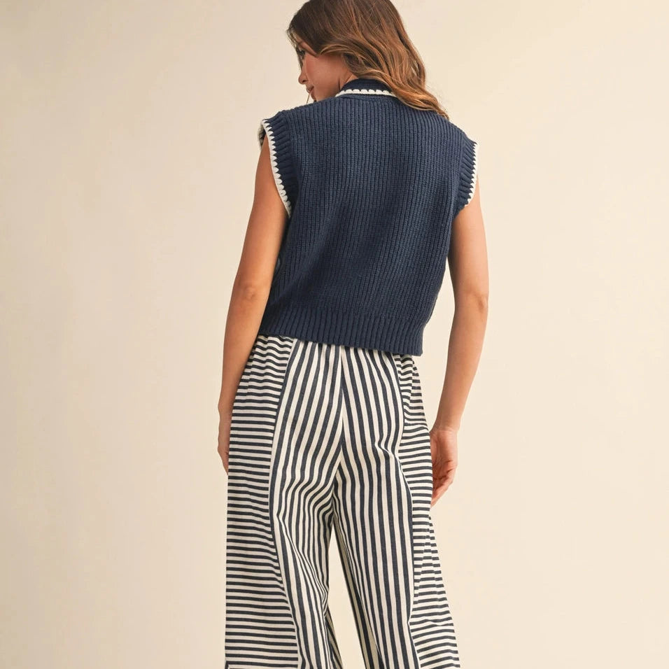 Tie Neck Sweater Vest - Blue