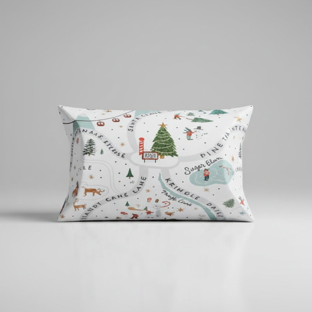 A decorative gift box with a whimsical map-style Christmas print, featuring a green Christmas tree, skiers, and winter-themed routes on a pale pink background.