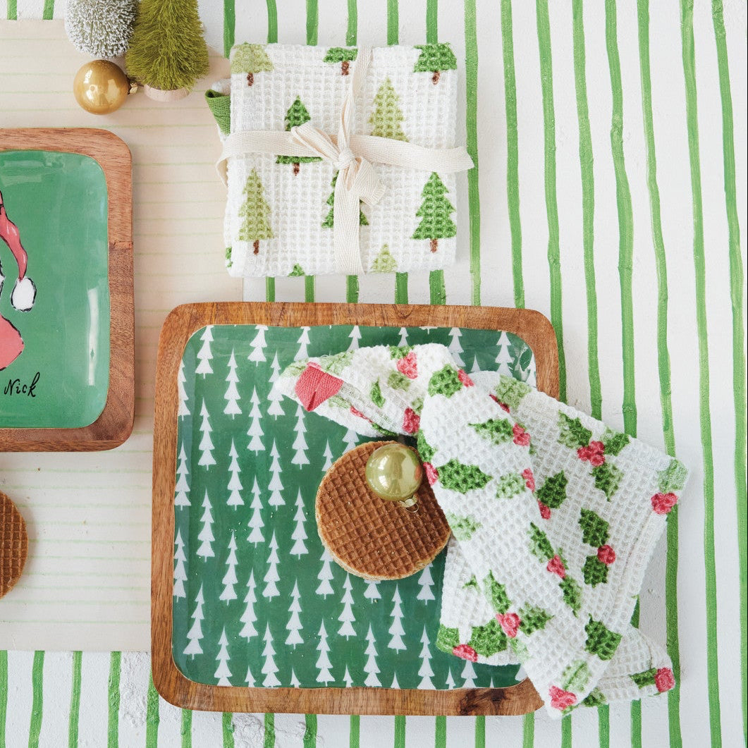Bring cozy festive charm to your kitchen with this set of two cotton waffle weave dish cloths. Soft, absorbent, and beautifully tied with cotton tape, they offer a thoughtful, practical touch for your holiday home or a sweet gift for someone special.