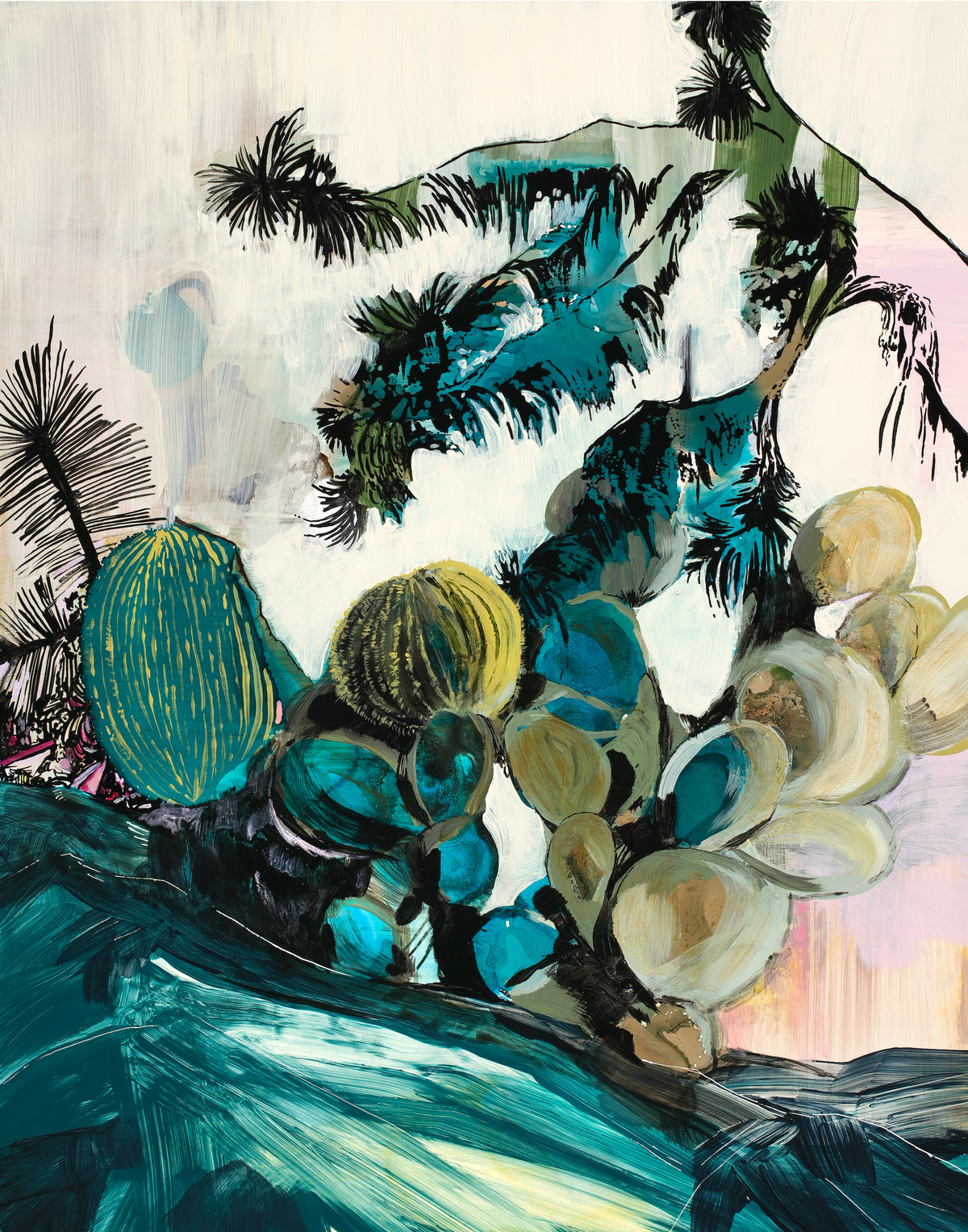 deep teals make cacti with a pink beige background.