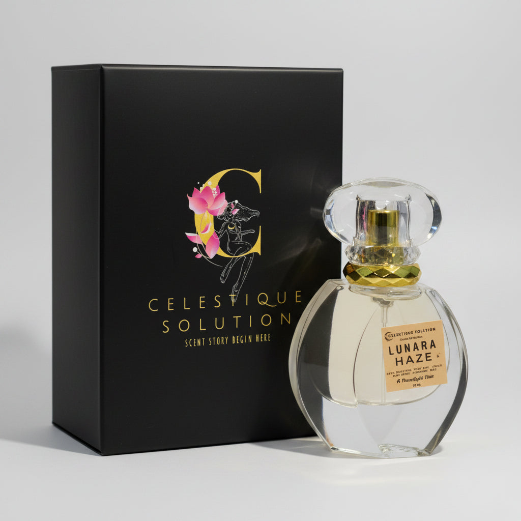 Celestique Solution perfume bottle with packaging on a wooden surface