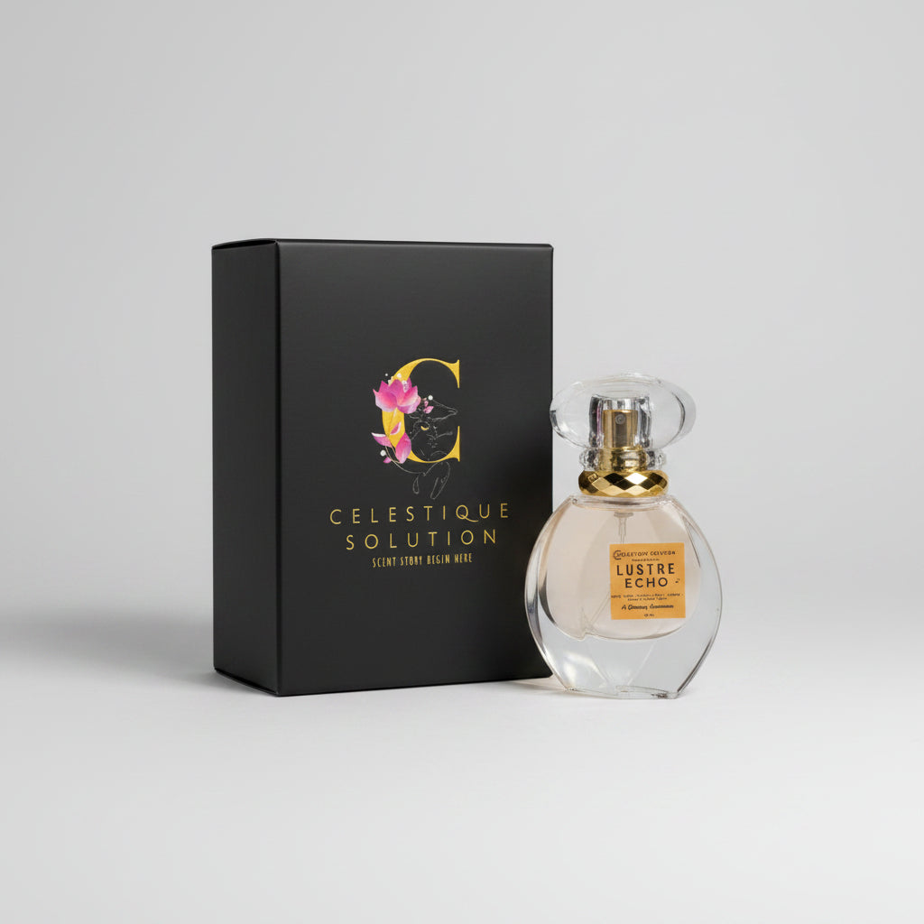 Perfume bottle with packaging on a wooden surface. lustre echo.