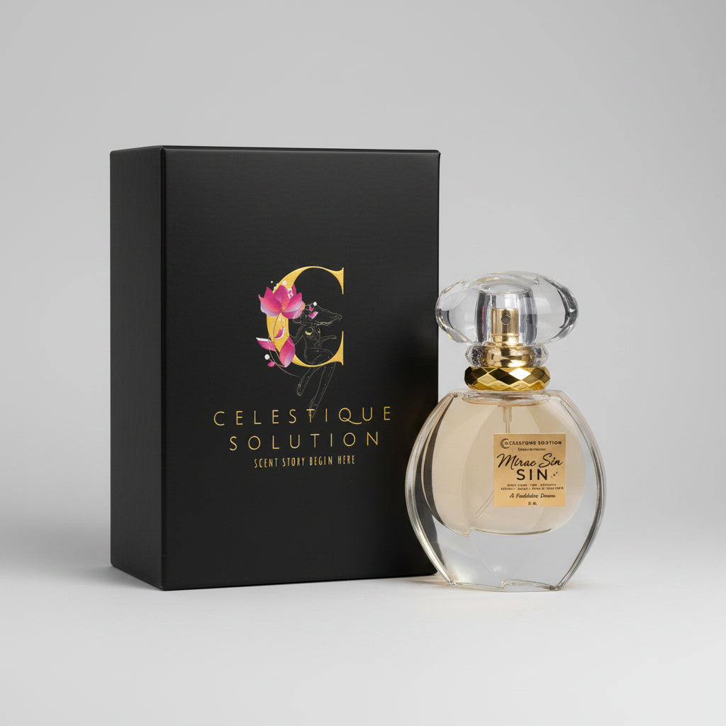 Perfume bottle and packaging with 'Celestique Solution' branding on a wooden surface.