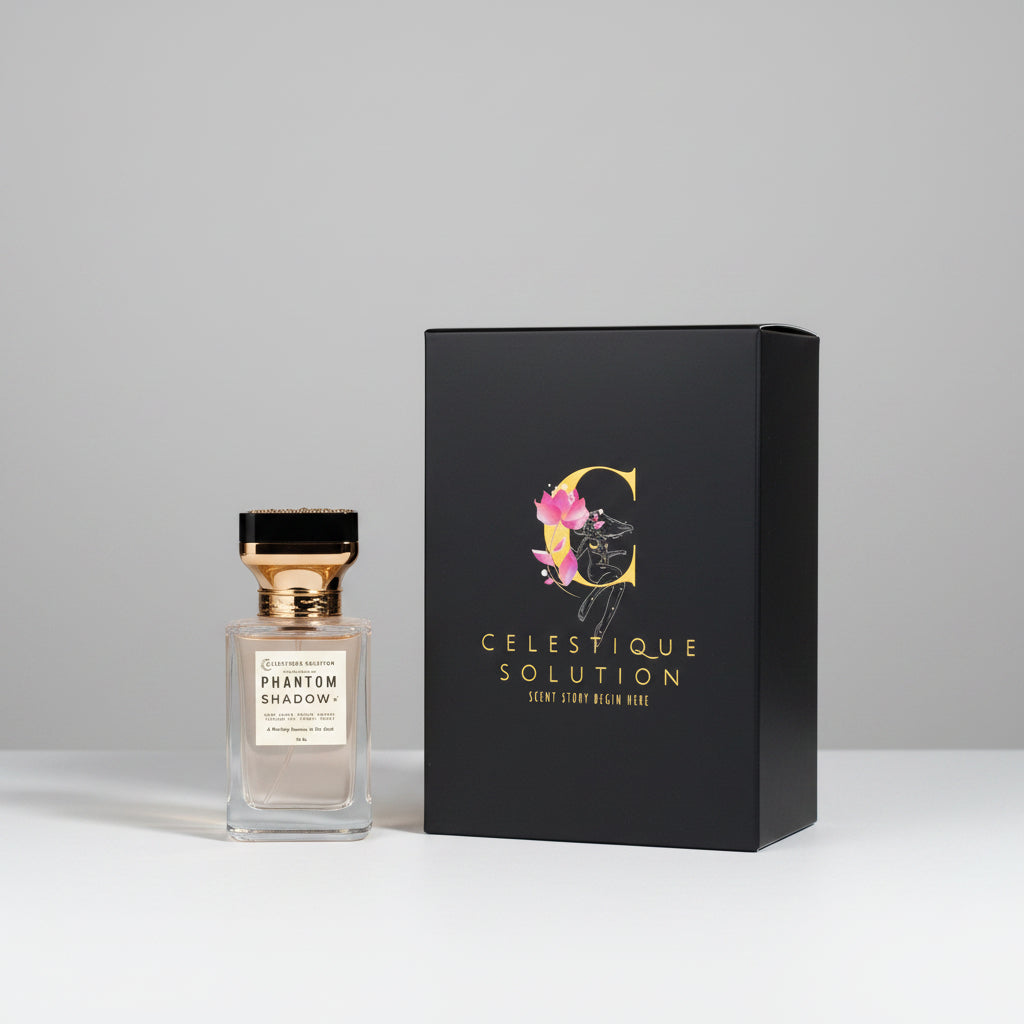 Perfume bottle and packaging with 'Celestique Solution' branding on a wooden surface.