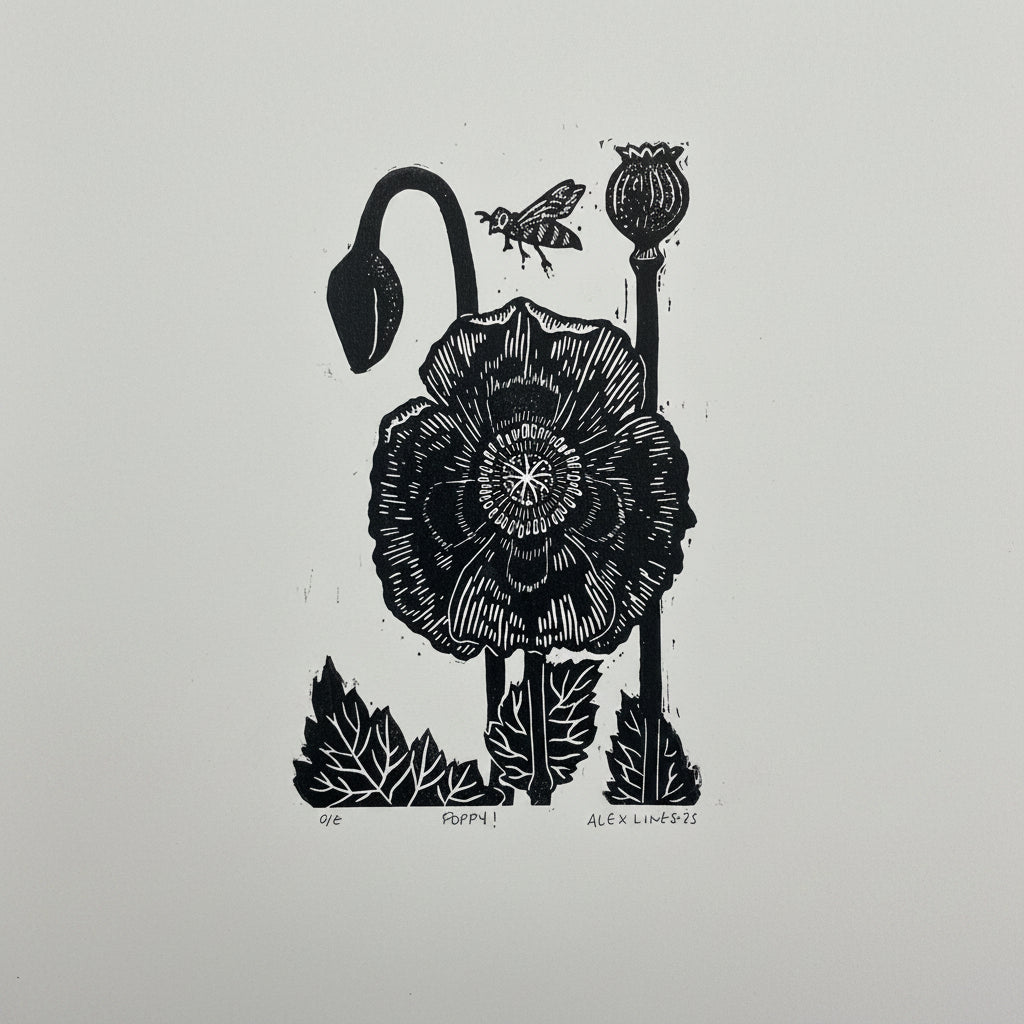 Celebrate the bold beauty of poppies with this charming linocut print. Hand-carved details bring rustic character to any space, while the striking poppy design adds a pop of personality to your walls. Perfect for nature lovers and art enthusiasts alike, this print captures the delicate yet vibrant essence of these beloved flowers. Frame it solo for a statement piece or pair it with complementary prints for a gallery-wall moment. A playful reminder that sometimes the most beautiful things come in the simples