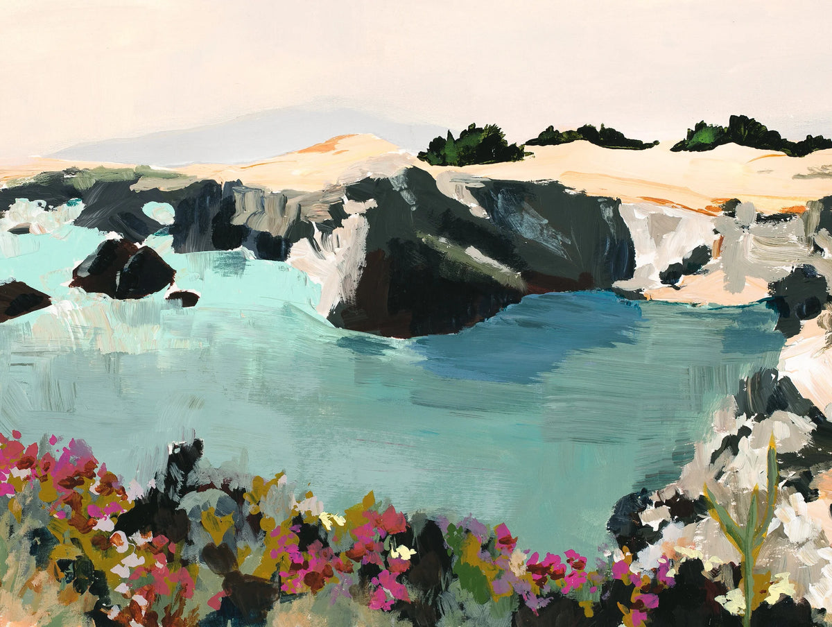 done in vivid brush strokes, this print shows warm sandy beaches, rough grey rock, light blue water, and purple flowers.
