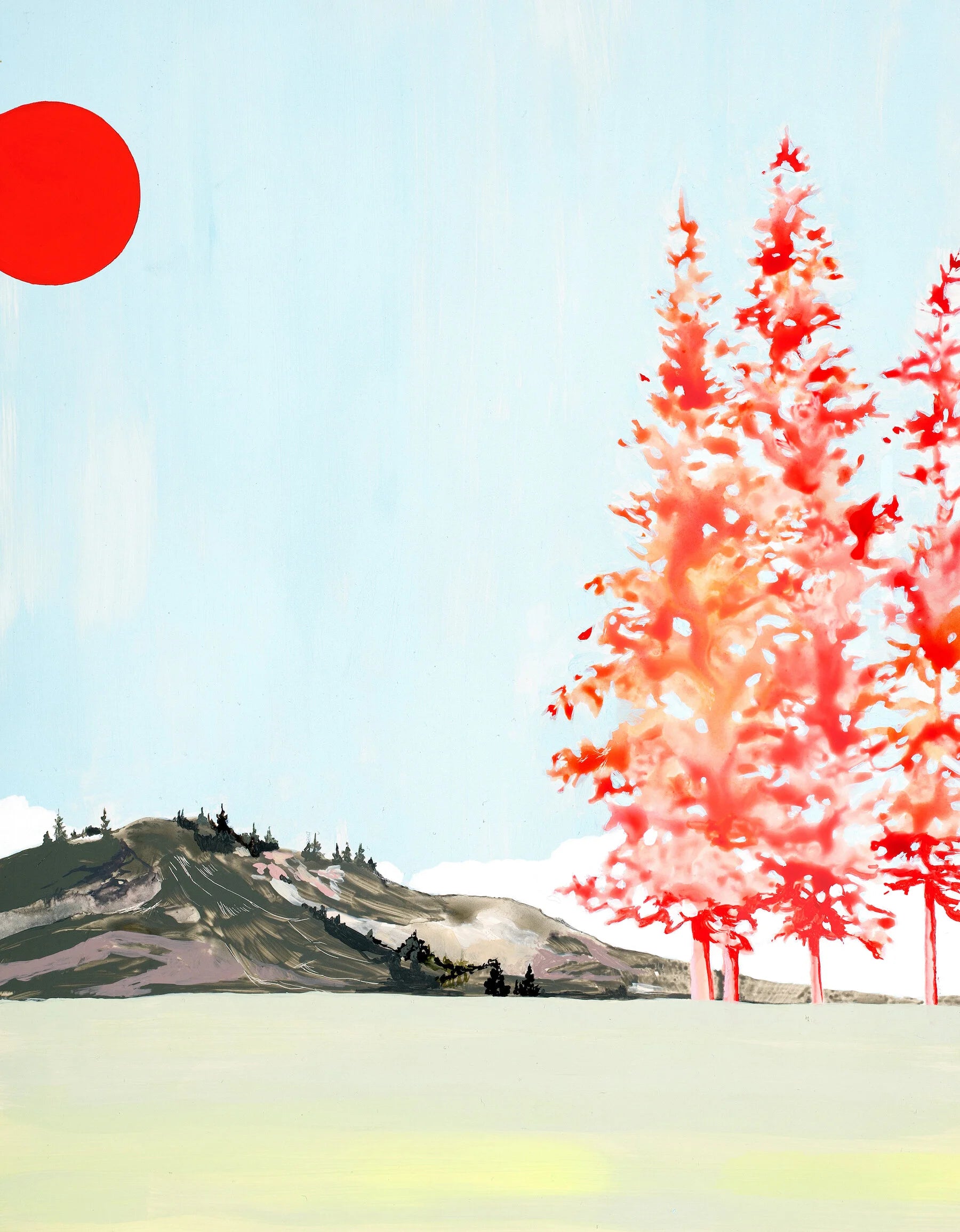 flat warm green and blue make up the sky and ground in this painting, with shocking red trees and a sun adding abstractness.