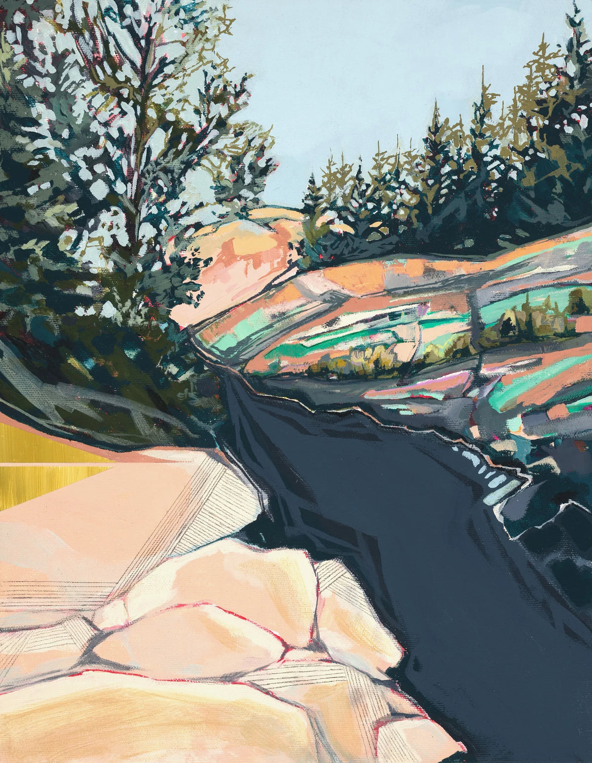 river bed scene with trees and a light blue sky.
