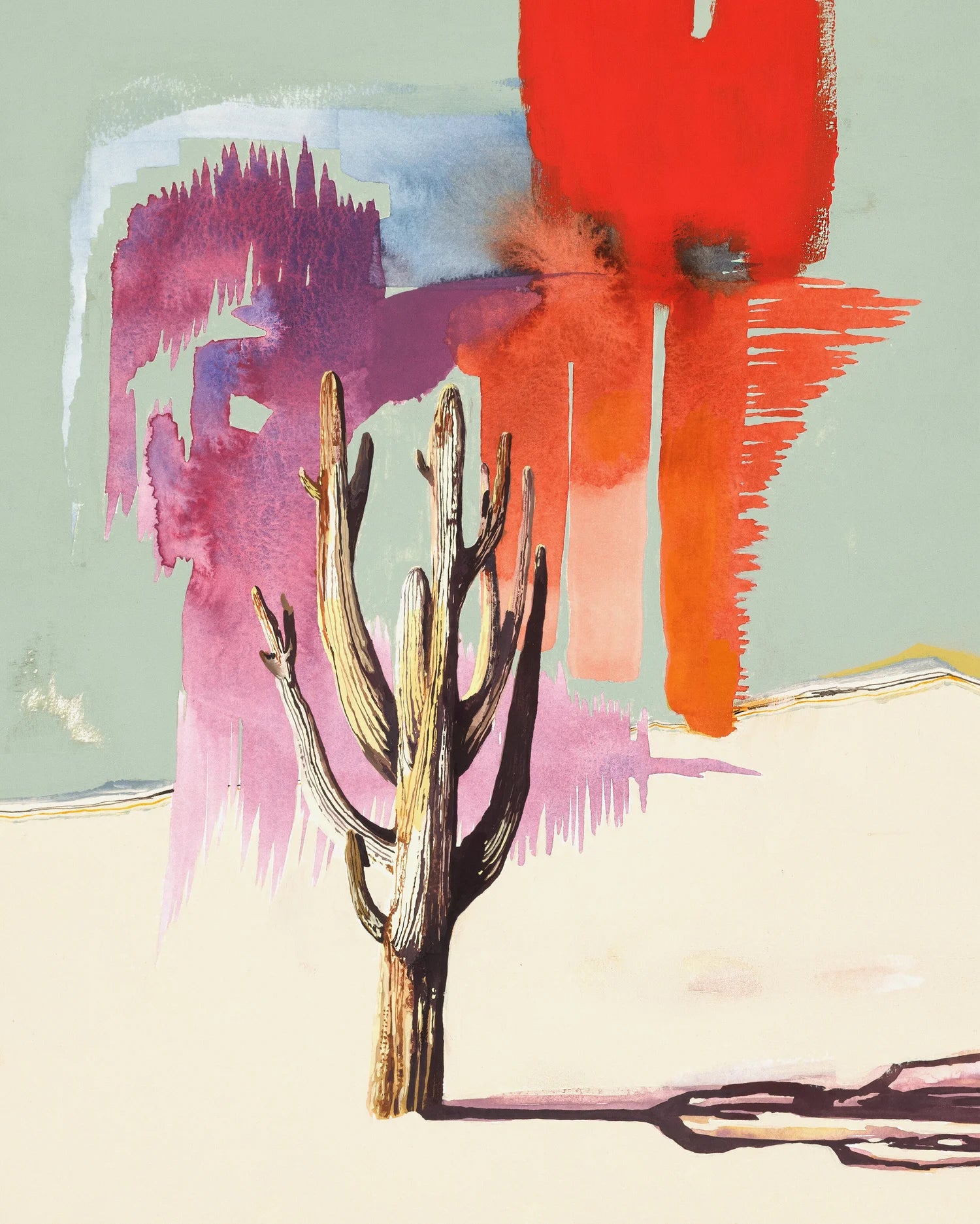 done in an abstract style, a tall cactus rises from center, surrounded by purple and bright red washes on color against a light blue wall and a cream floor, with a stark shadow.