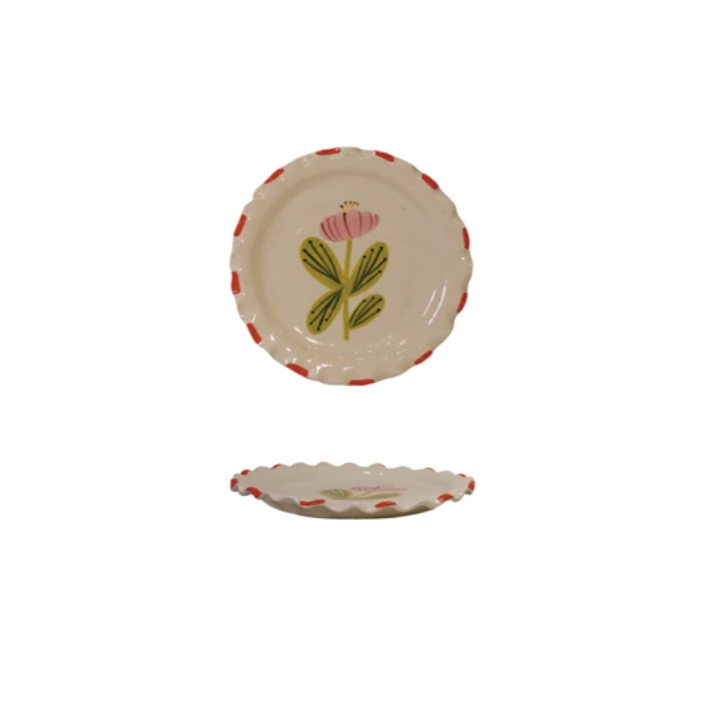 Add a splash of charm to your table with this Hand-Painted Stoneware Plate featuring a delightful ruffled edge and a whimsical pink flower & green leaves design. Each plate is uniquely crafted, bringing a touch of artistry and fun to every meal. Perfect for serving up your favorite dishes with a playful twist! 8-1/2" Round