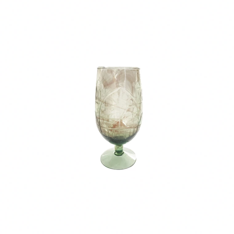 Hand-Blown Etched Recycled Drinking Glass - Grey Green