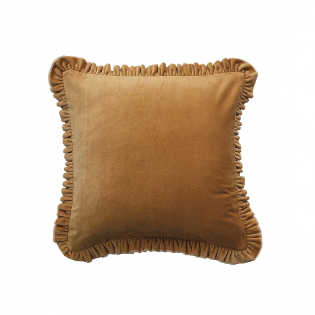 Square Cotton Velvet Pillow w/ Ruffled Trim - Mustar