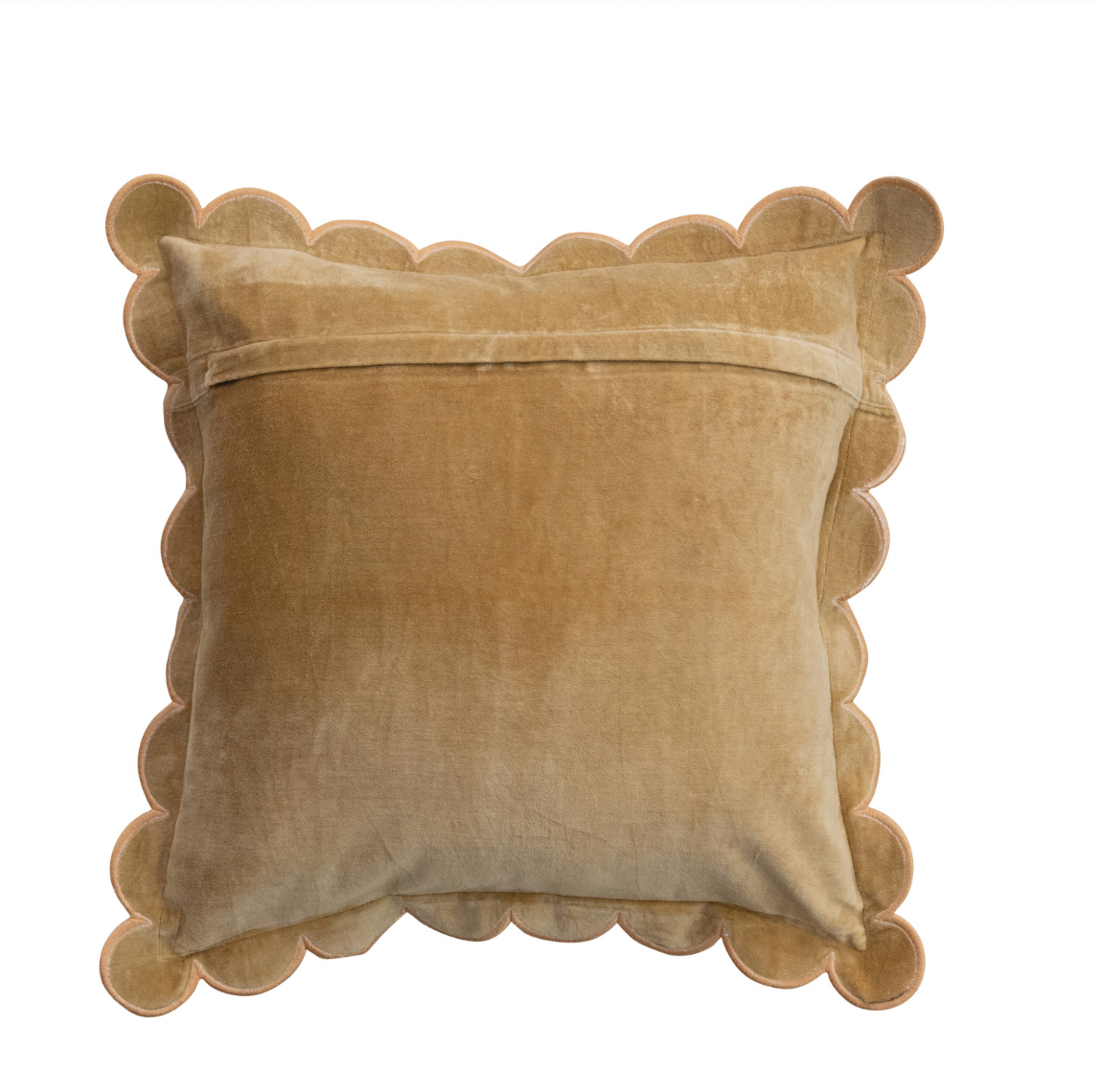 Cotton Velvet Pillow w/ Scalloped Flange & Embroidered Edge - Mustard