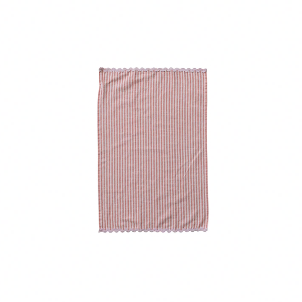 Woven Cotton Striped Tea Towel with Ric Rac Trim. RED STRIPED