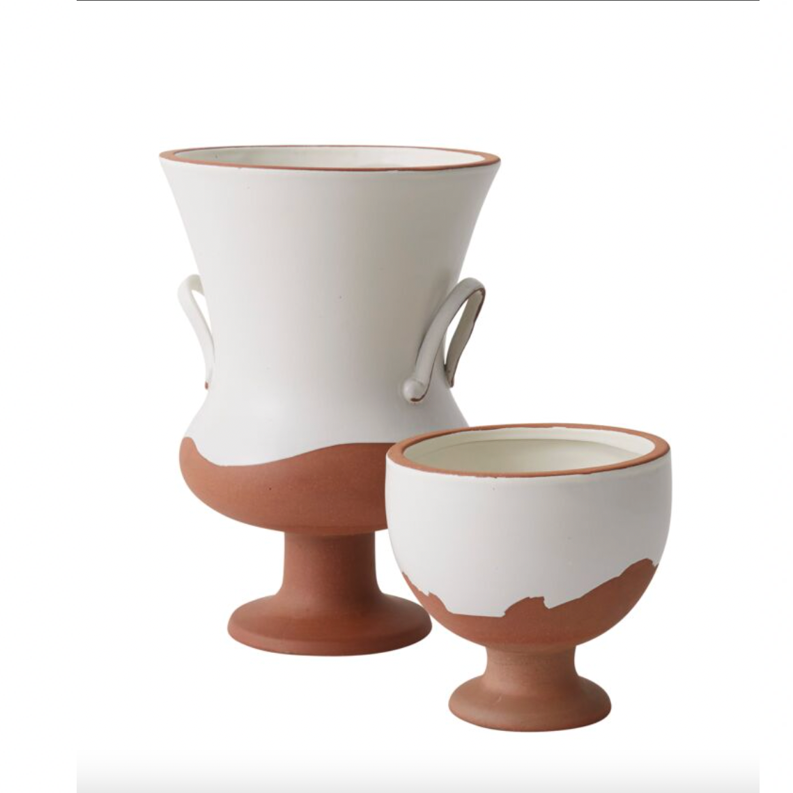 Two ceramic vases with white and brown design on a white background