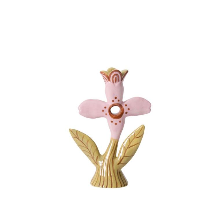 Decorative pink and gold flower-shaped Candle holder on a white background with product details.