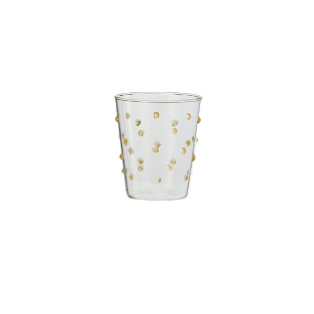 Clear glass with yellow dots on a white background