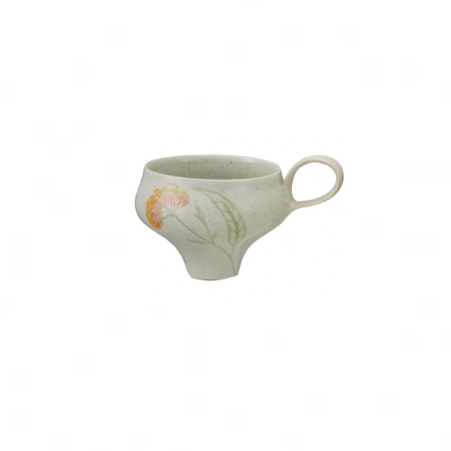 Hand-Painted Stoneware Mug with Flowers ORANGE