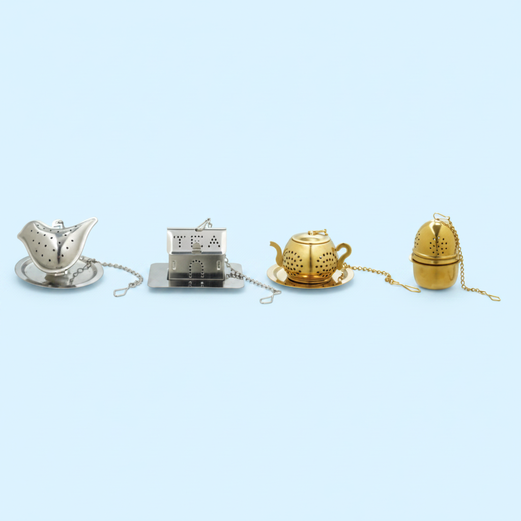 Set of four metal tea infusers on a white background