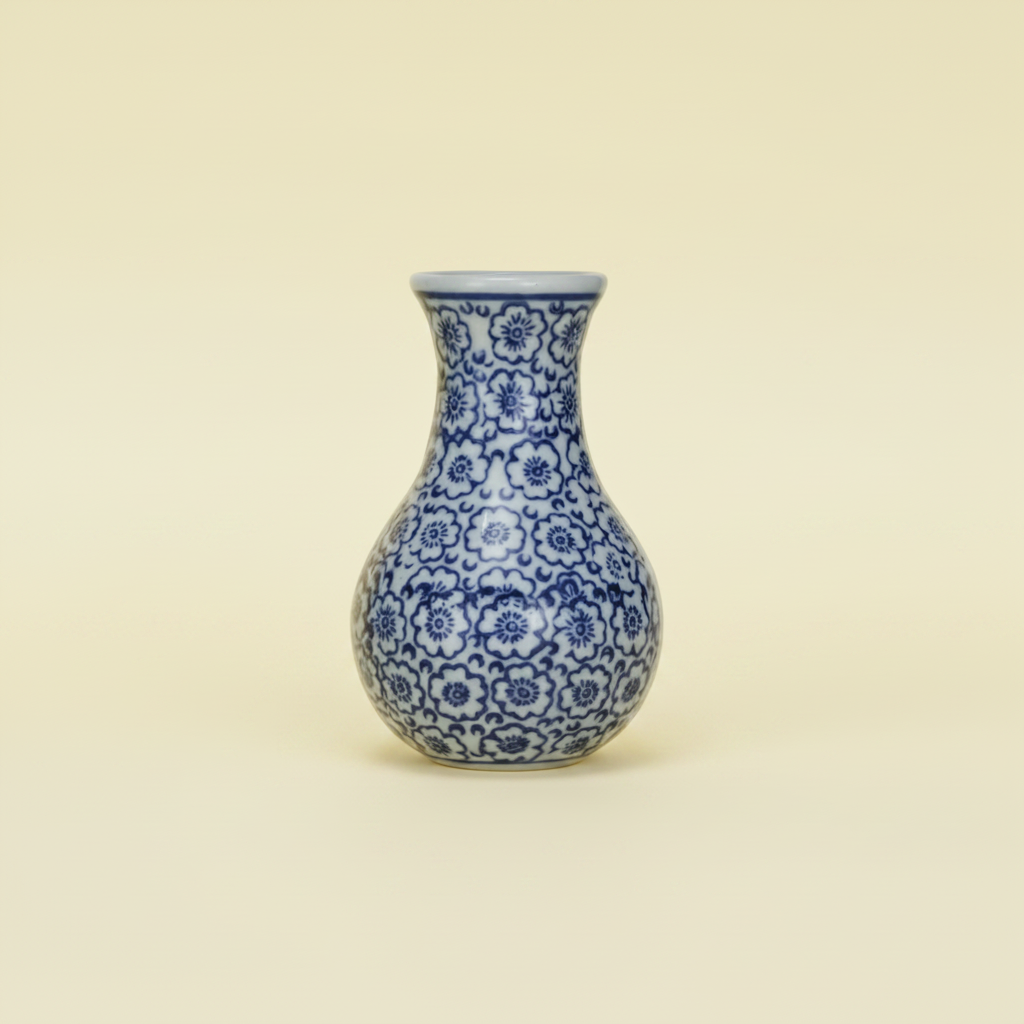 Ceramic vase with small blue floral patterns on a white background