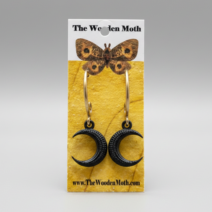 The Wooden Moth Brass Earrings Small Black Moon