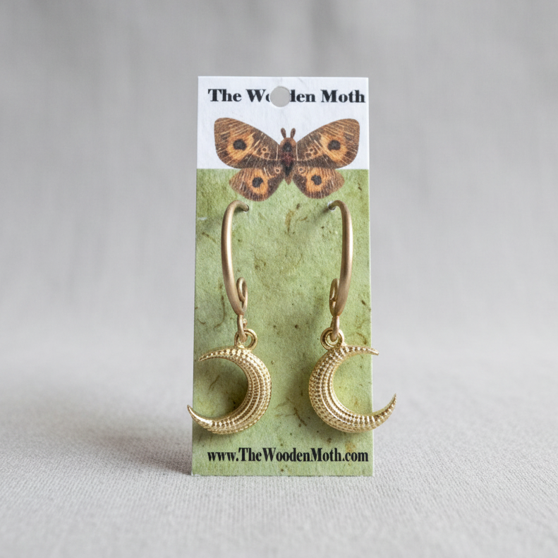 The Wooden Moth Brass Earrings Small Gold Moon
