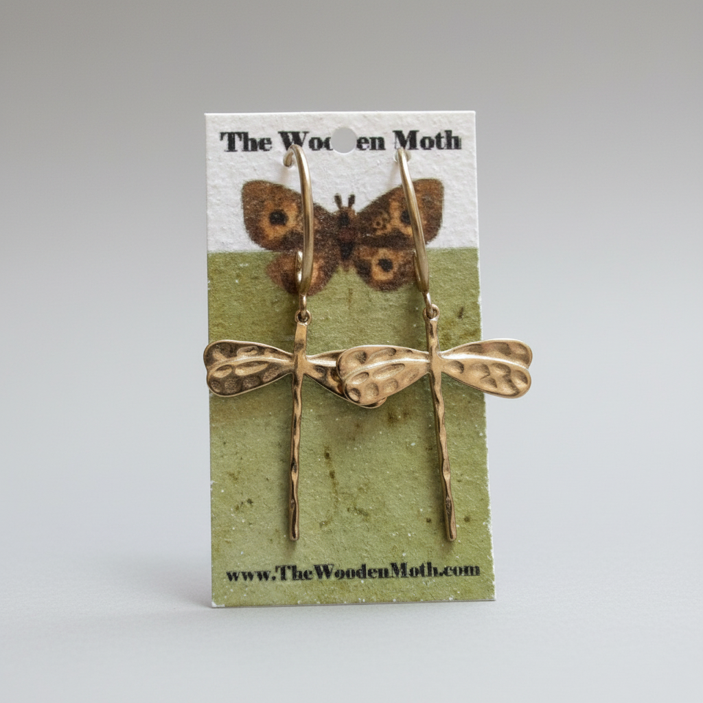 The Wooden Moth Brass Earrings Hammered Dragonfly