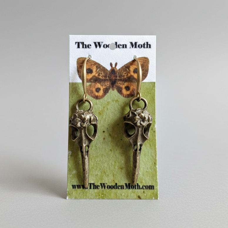The Wooden Moth Brass Earrings Hummingbird Skull