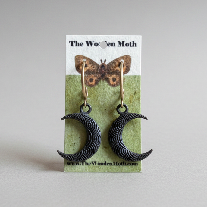The Wooden Moth Brass Earrings Large Black Moon