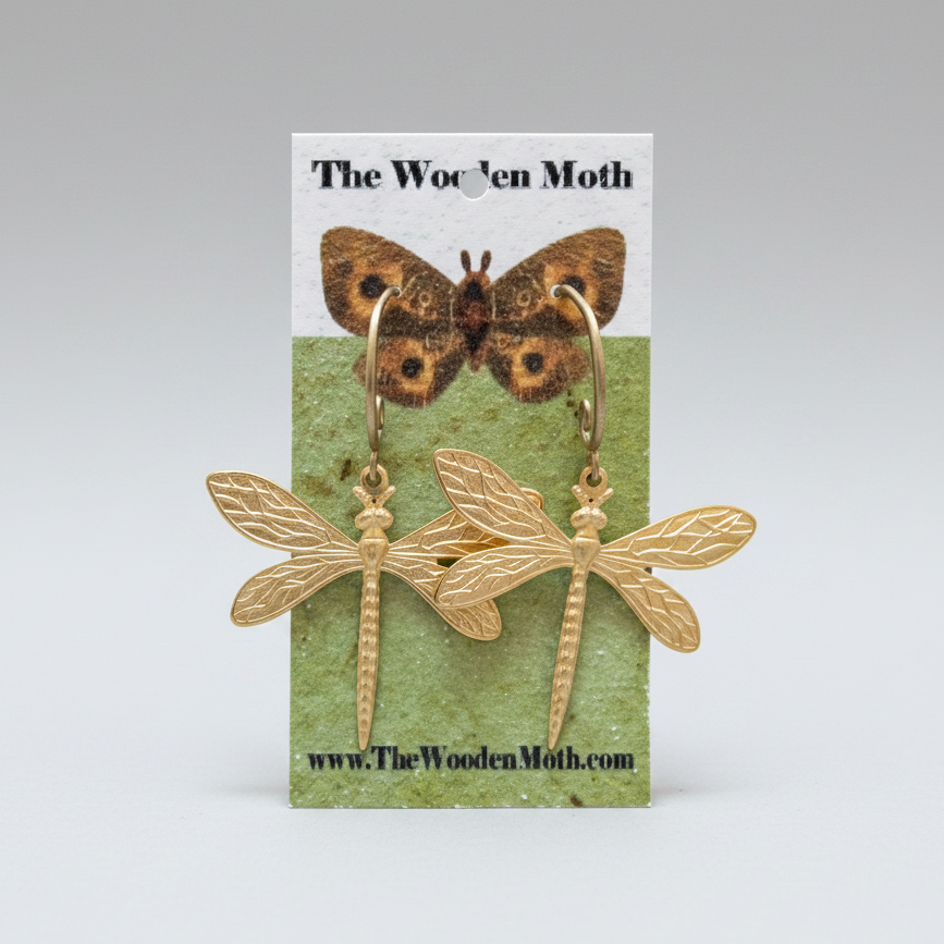 The Wooden Moth Brass Earrings Medium Dragonfly