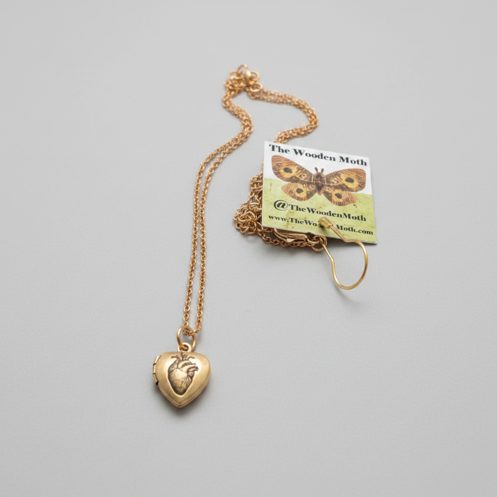 Engraved Brass Locket W/Chain Tiny Heart Shape With Anatomical Heart
