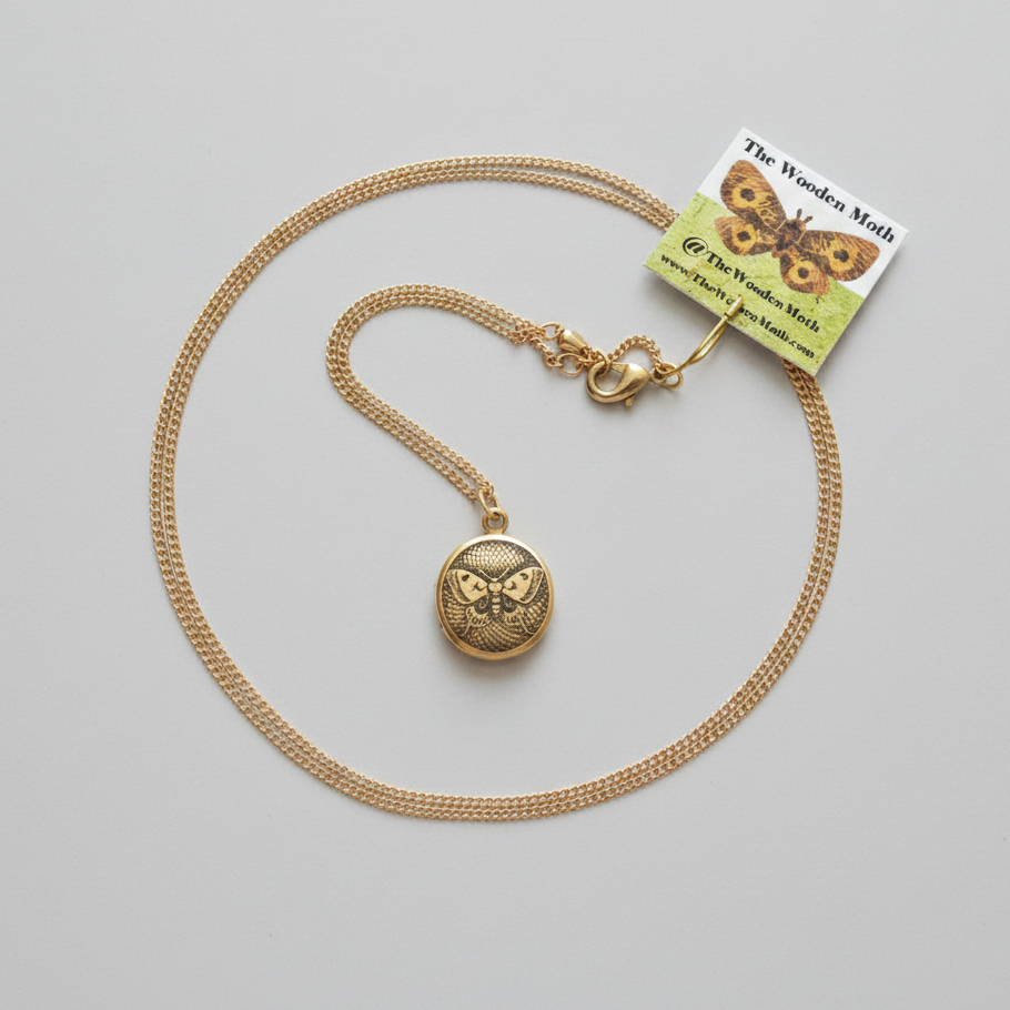 Engraved Brass Locket W/Chain 13mm Moth on Sunflower