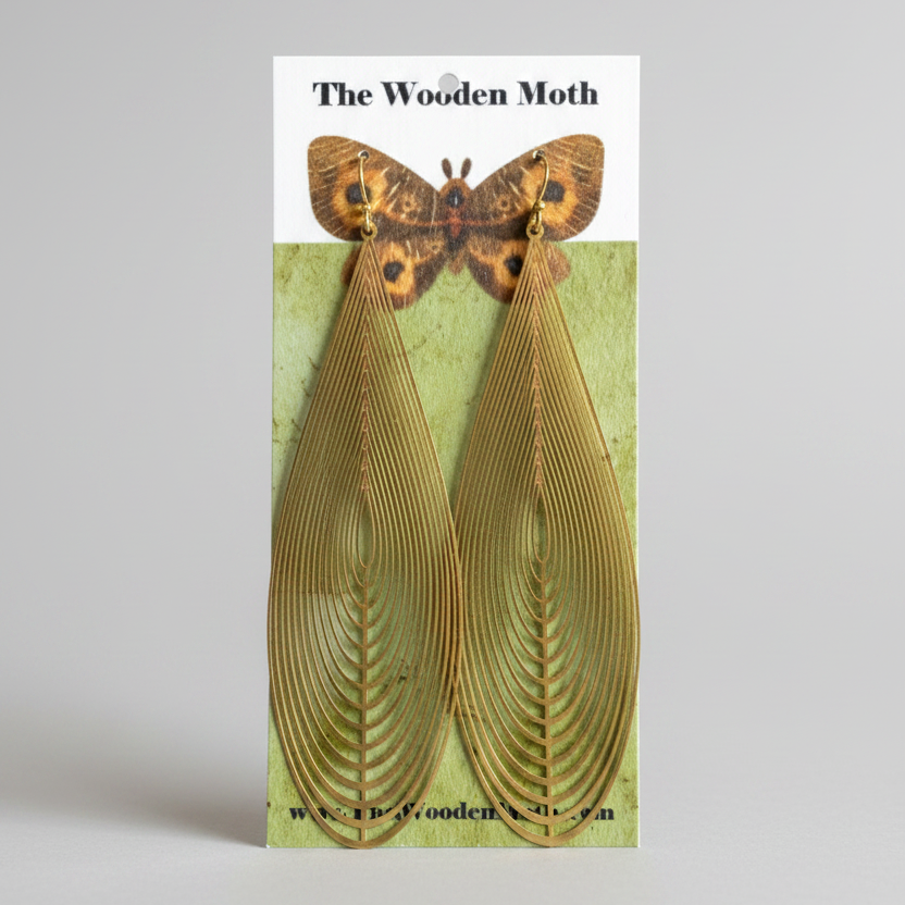 The Wooden Moth Brass Earrings Large Tear Shape with fine cuts