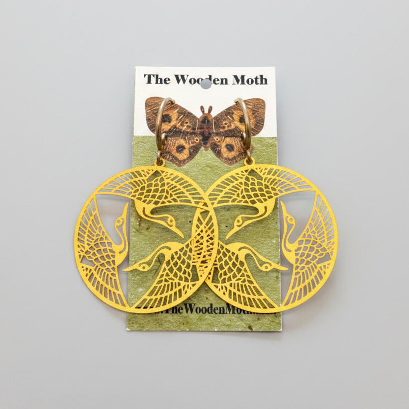 The Wooden Moth Brass Earrings Cranes Disk